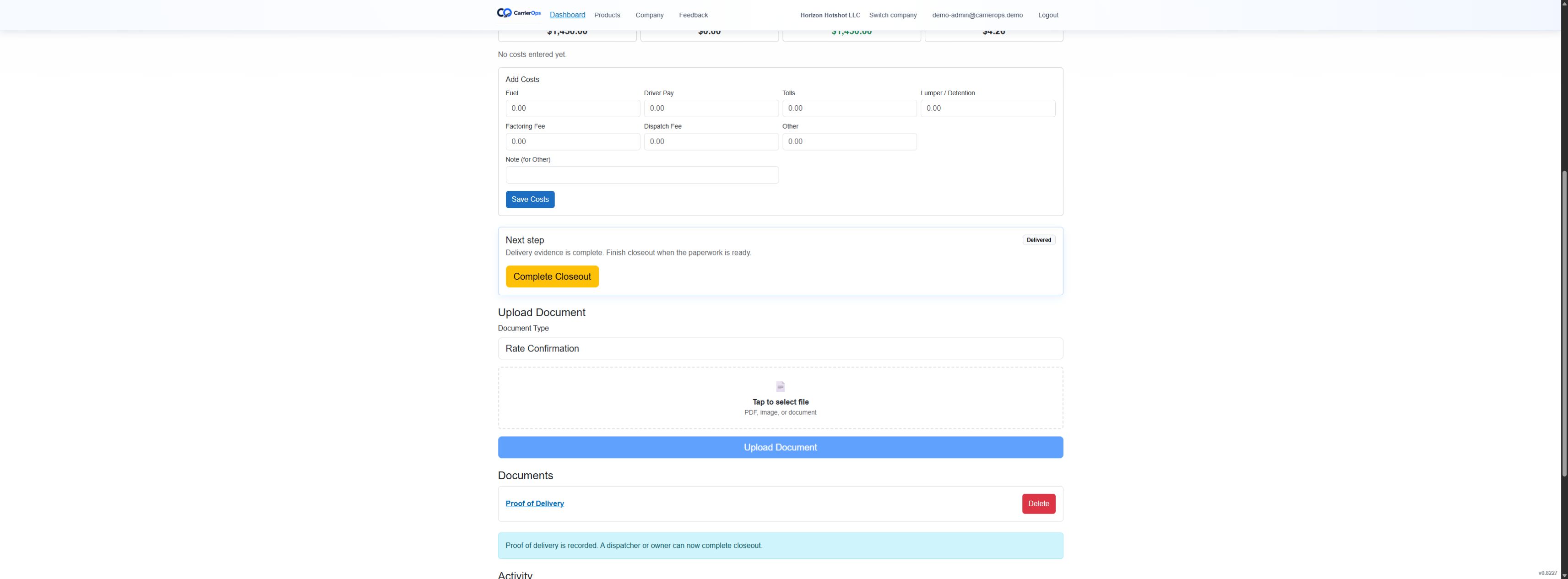 CarrierOps delivered load showing proof of delivery and the complete closeout action