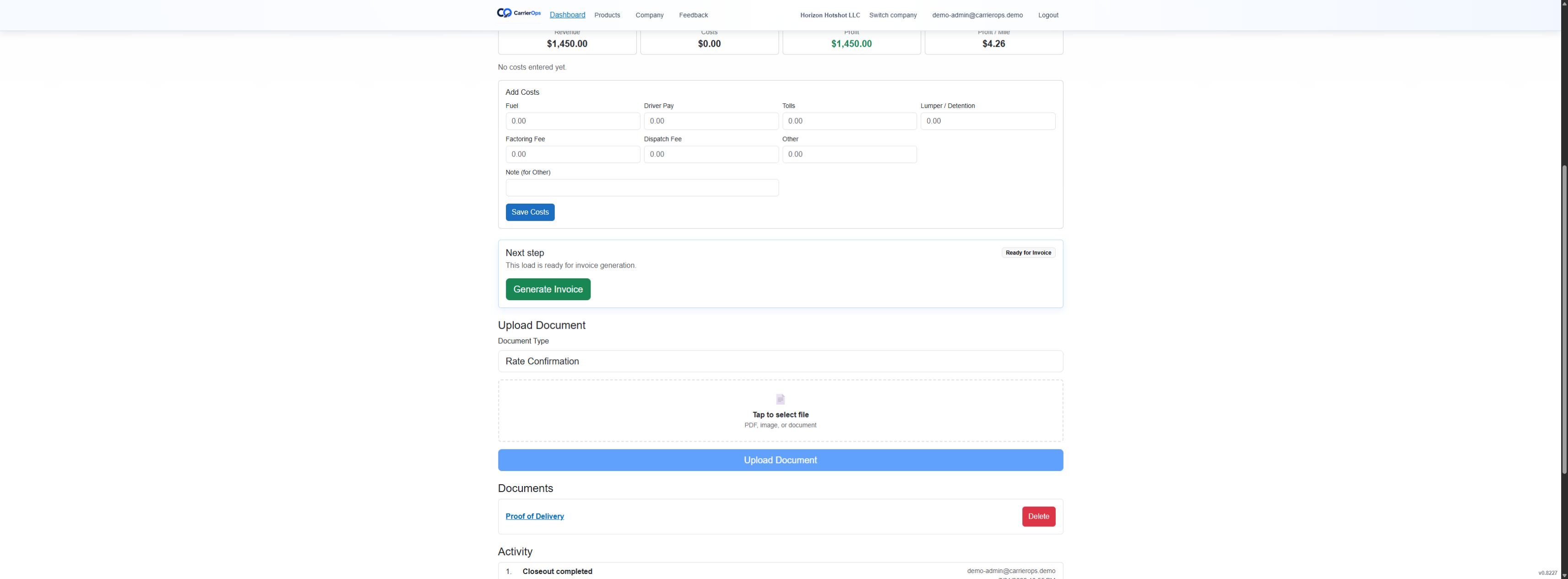 CarrierOps load screen showing a load ready for invoice generation