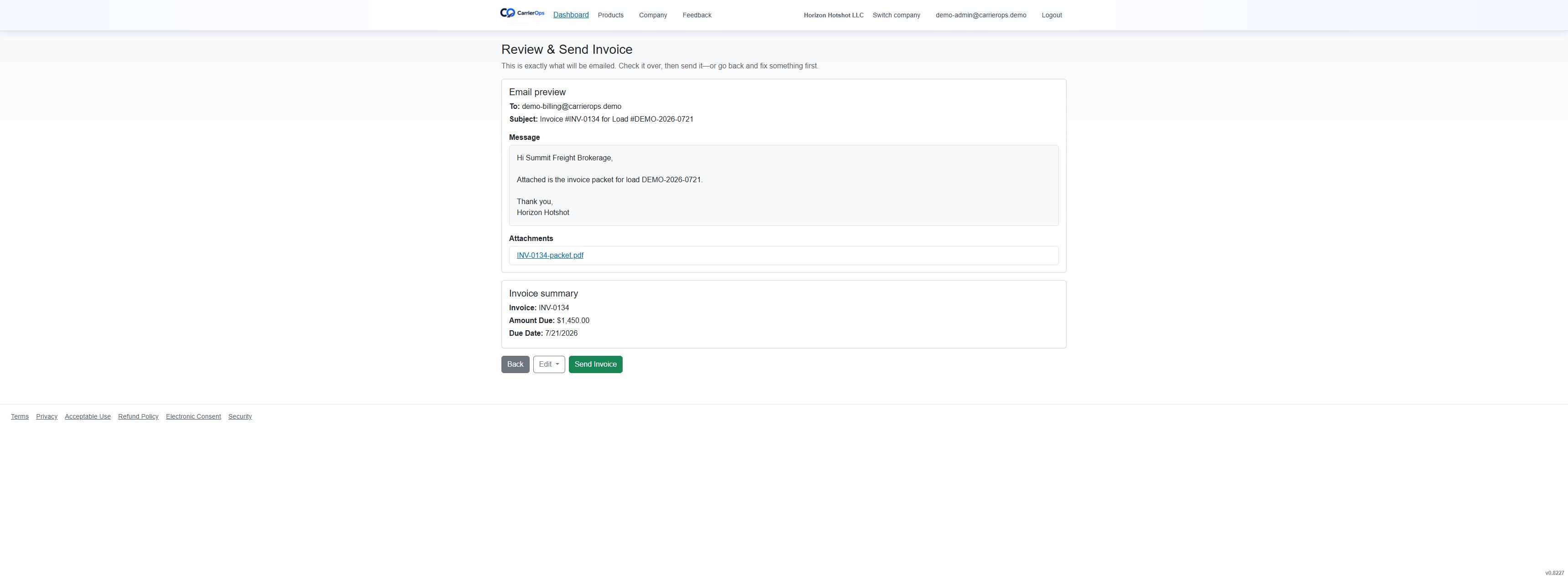 CarrierOps review and send invoice screen with invoice packet details